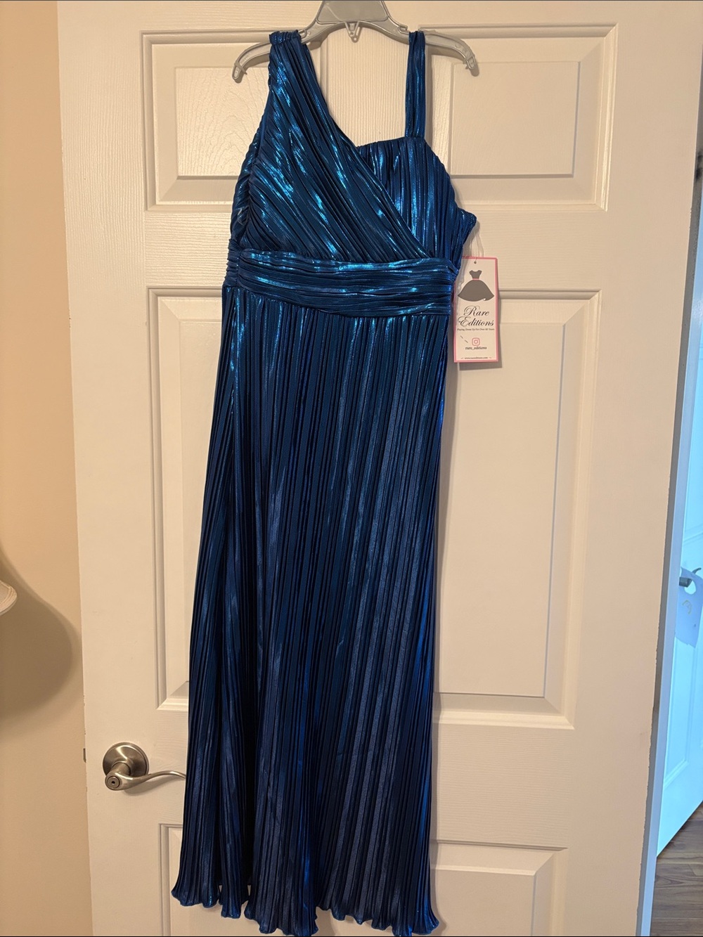 Blue Metallic Pleated One-Shoulder Evening Dress